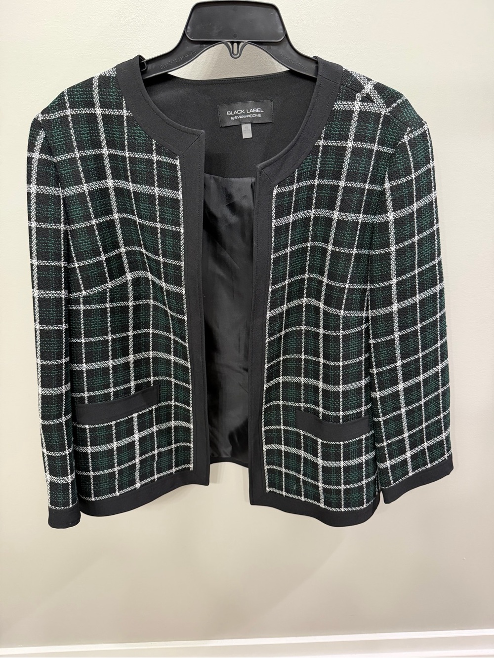 Evan Picone Black and Dark Green Windowpane Tweed Open-Front Jacket